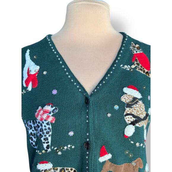 Susan Bristol Hand Embroidered Green Dog Holiday Knit Sweater Vest Large Festive - Picture 4 of 15